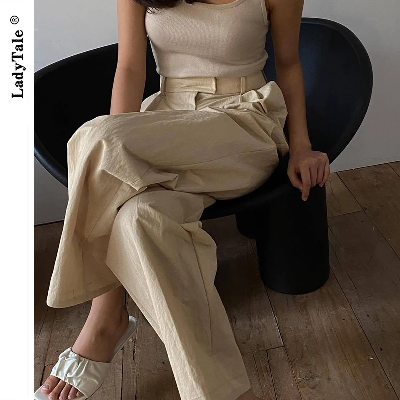 

New High Waist Loose Wide Leg Pants Women khaki Cotton Business Casual Solid Female High Quality Simple Leisure Street Trousers