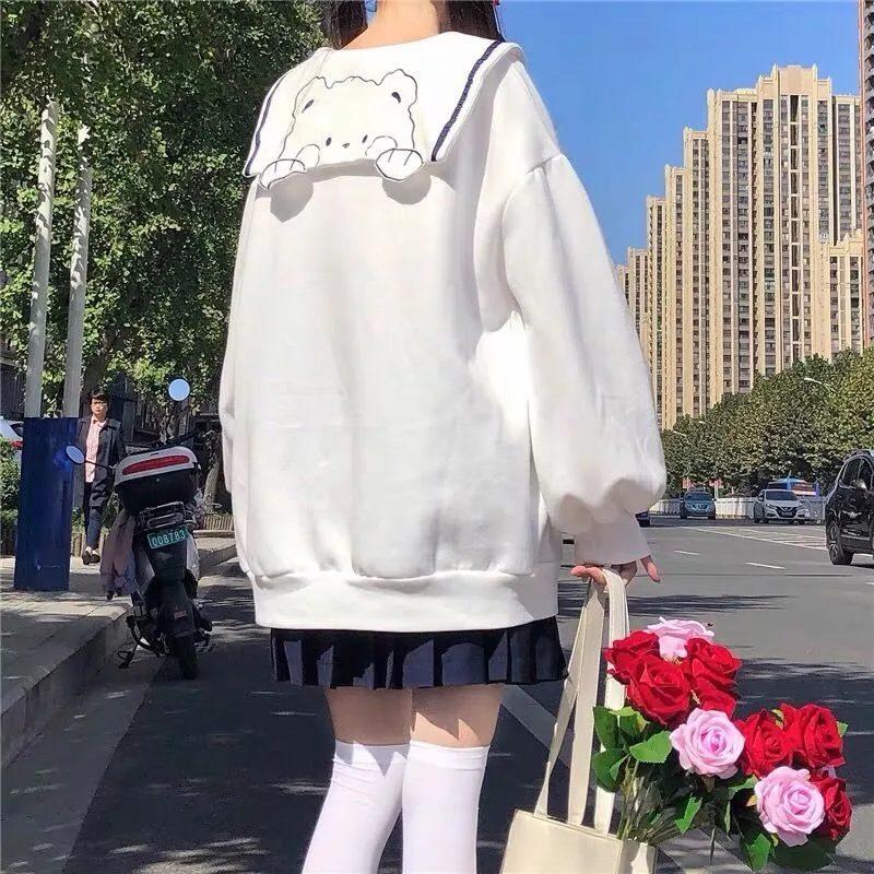 

QWEEK Kawaii Bear Sweatshirt Women Spring 2021 Japan Style Soft Girl Cute Sailor Collar Navy Pink Sweatshirt Harajuku JK Uniform