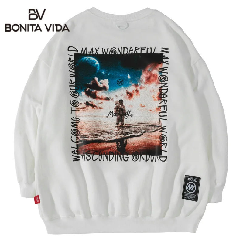 

Bonita Vida Harajuku Streetwear Hoodies Astronaut Planet Print Sweatshirts Hip Hop Casual Loose Pullover Casual Cotton Tops