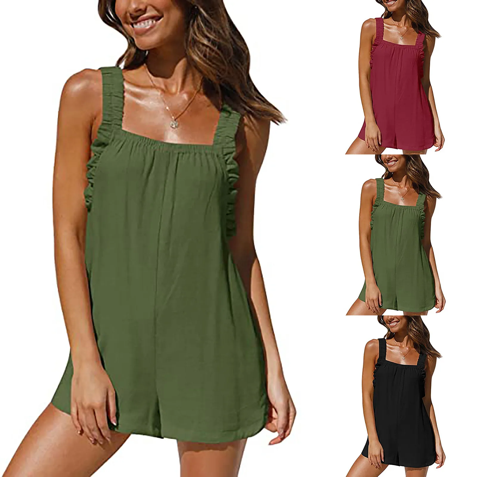 

2021 Summer Women's Jumpsuit Solid Color Ruffle Sleeveless Straps Square Neck Loose Jumpsuit Dungarees Short Pants Jumpsuits