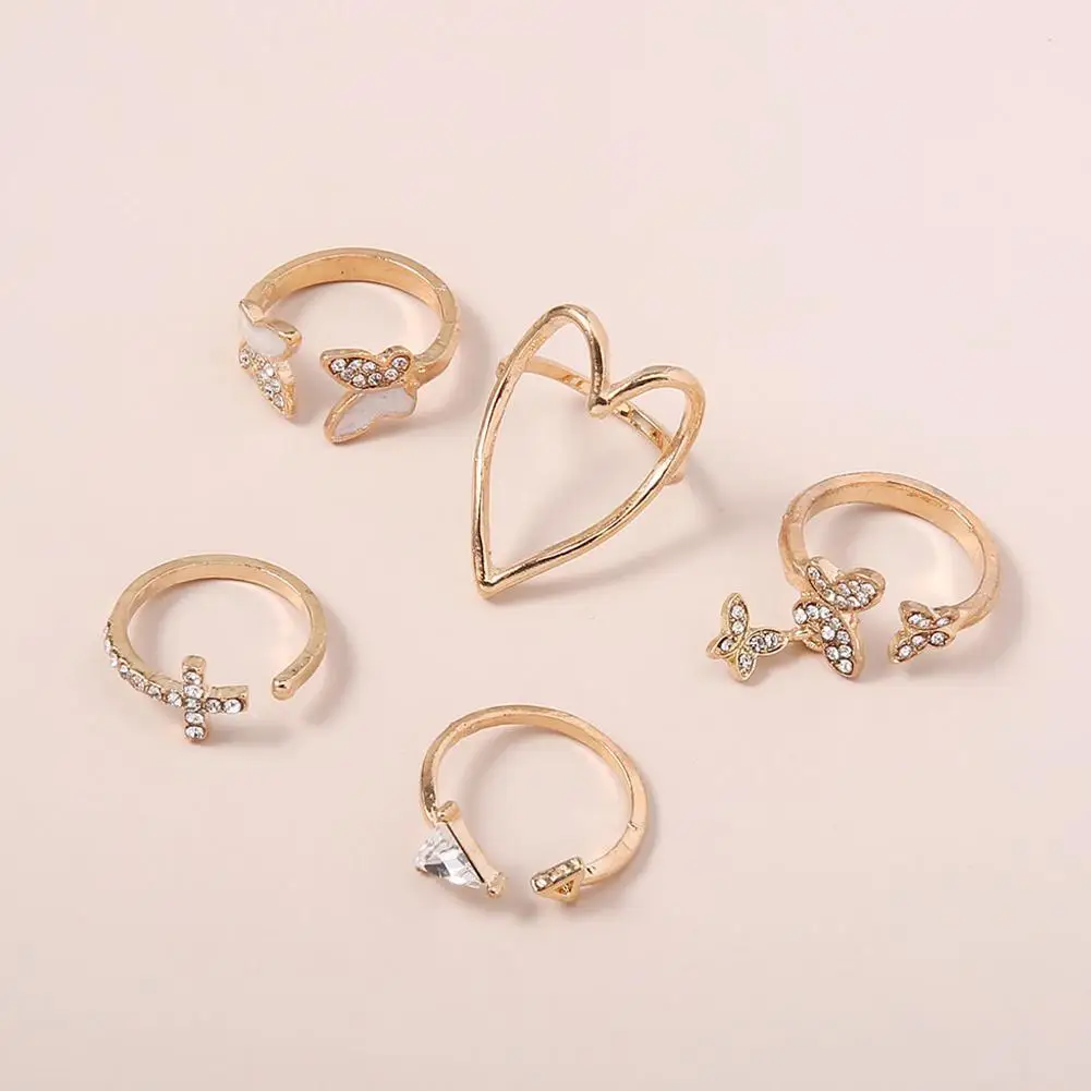 5pcs/set Of Cross Triangle Love Heart Hollow Crystal Drip Oil Butterfly Ring Joint Punk Gothic Rings For Women Jewelry | Украшения и