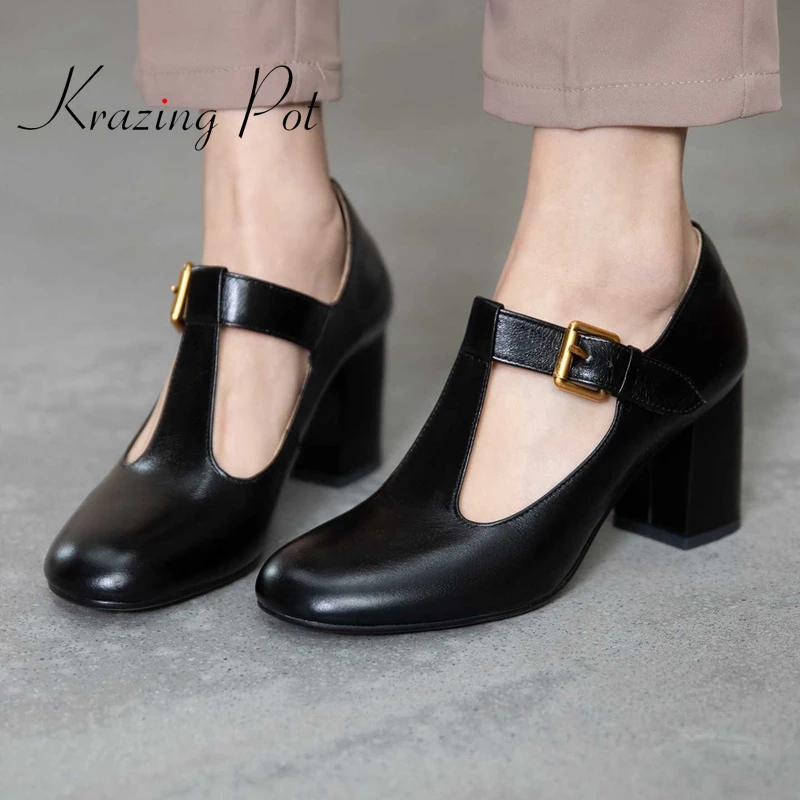 krazing pot natural leather round toe high heels buckle strap shoes women young lady streetwear fashion retro classic pumps L03