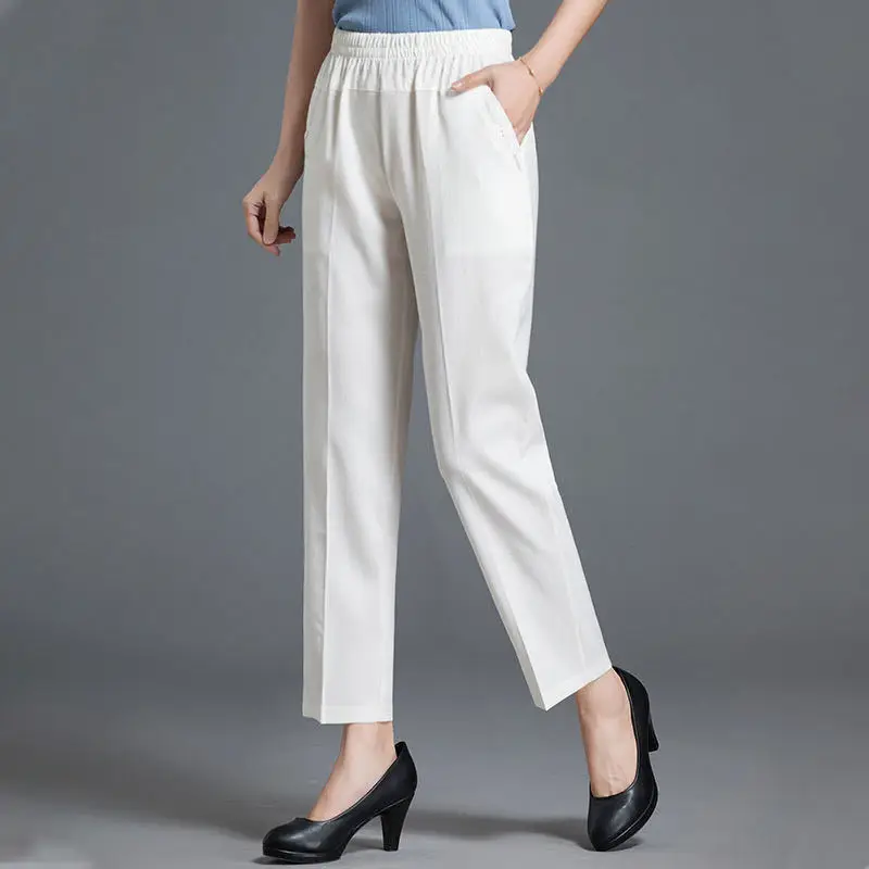 

Female Korean Style New Loose Trousers Womens Trendy Leisure Daily High Waist Elastic Waist Casual Solid Full Length Pants A15