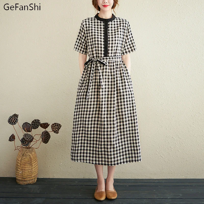 

2021 New Casual Loose Short Sleeve Plaid Vintage Dress Elegant Ladies Fashion Women Summer Long Dress Cotton Linen Clothes