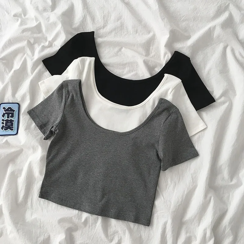 

U-Neck Short Women T-Shirts Summer Sexy Slim Empire Hot Night Club Style All Match Female Pulls Outwear Tops Tees