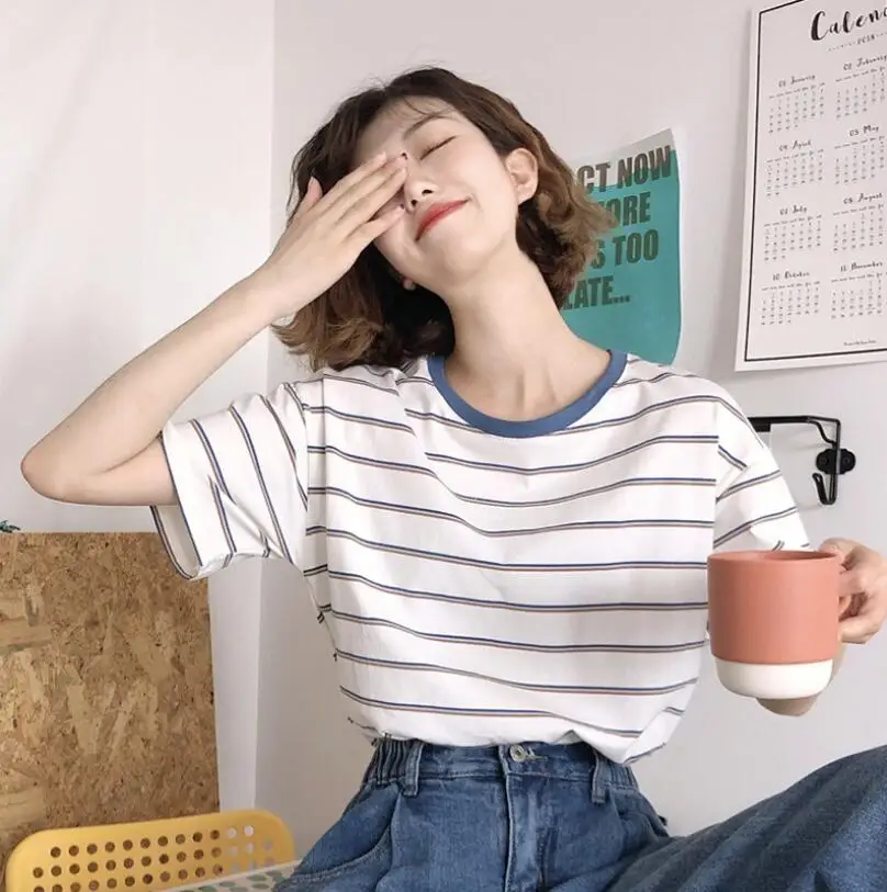 

Blue Collar Striped Short-sleeved T-shirt 2021 Women Summer Korean Loose Bottoming Shirt Student Casual Top Women's Clothing