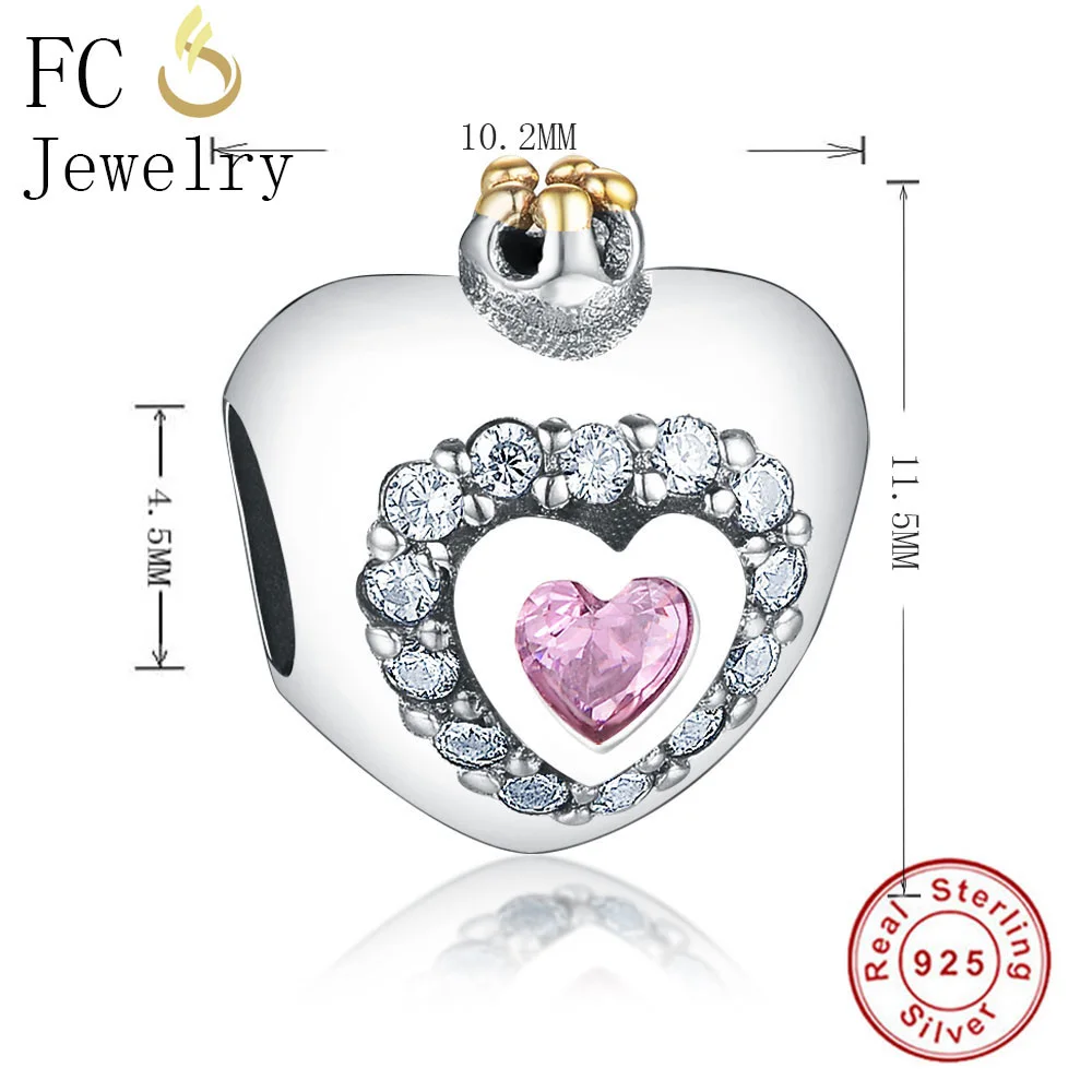 Браслет FC Jewelry Fit Original Pan Charms из серебра 925 пробы с кроной, сердцем принцессы и розовым камнем CZ для создания берлоков.