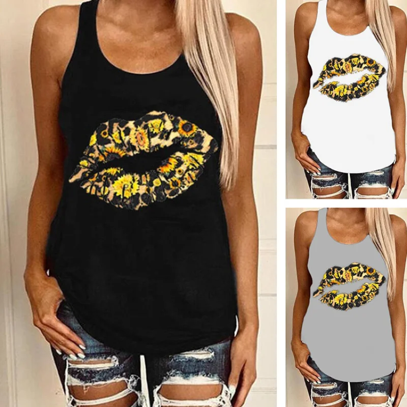 

Summer Women Ladies Sunflower Lip Printing Vest Loose White Cotton Tank Top Plus Size Female Sports Casual Clothing レディース　ファッション