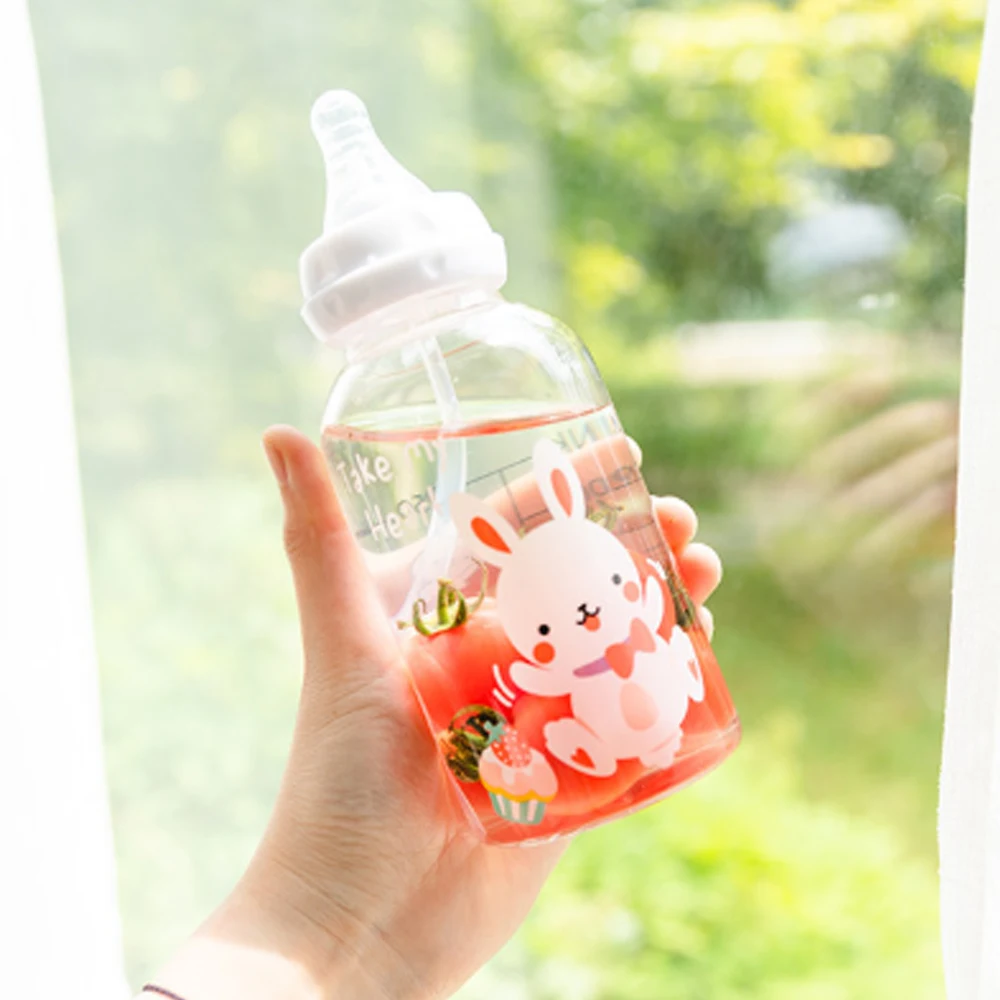 Стеклянная бутылка для соски из пищевого силикона с милым Кроликом соломенная