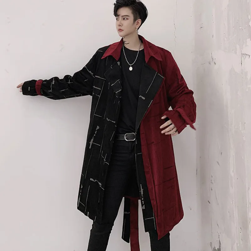

Block Color Patchwork Design Loose Men's Medium Long Corduroy Long Coat 2021 New Autumn Fashion Trench With Belt