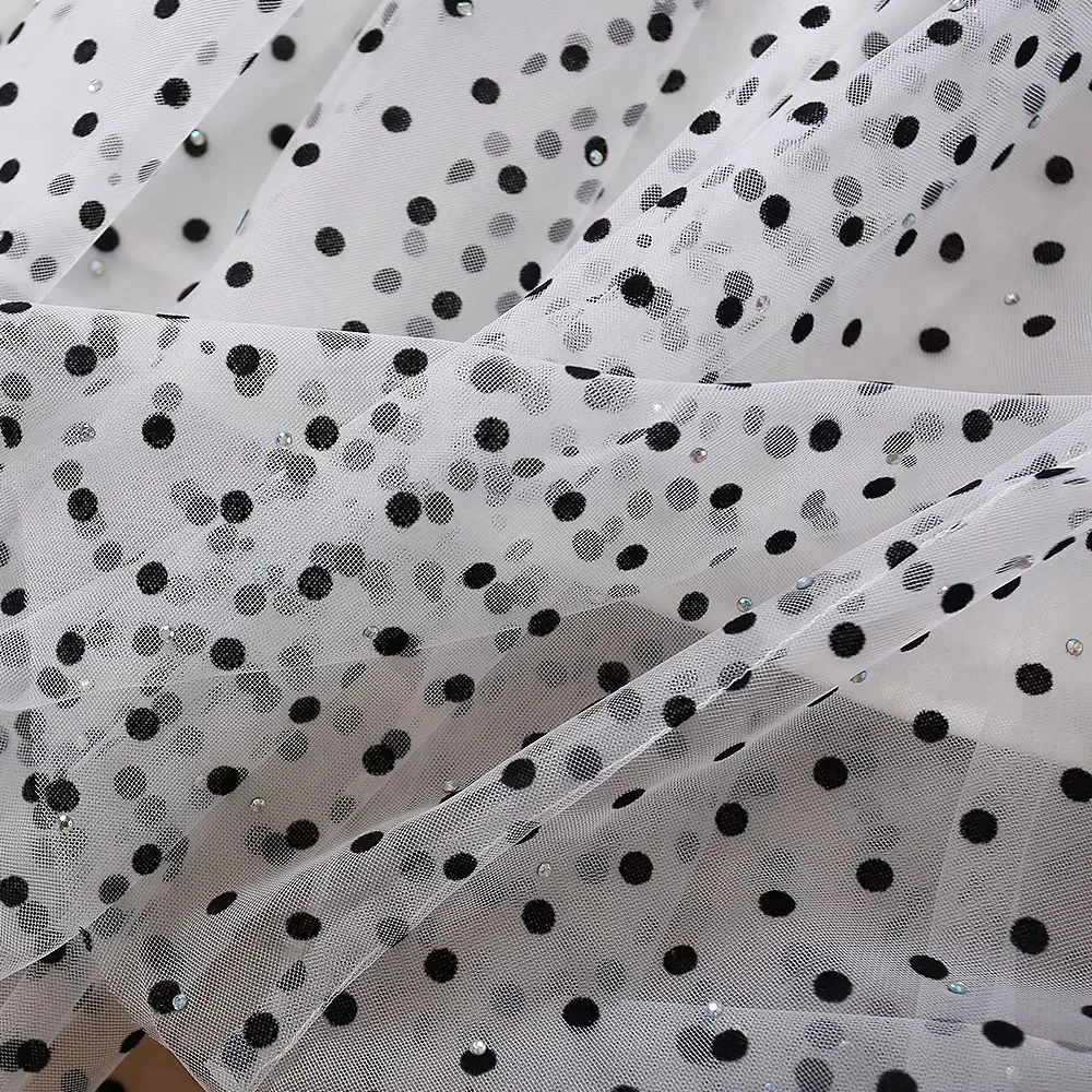 

Runway Fashion Dots Print Dress 2021 Summer Elegant Beading Diamonds Ruffles Belt Long Party Holiday Mesh Dress