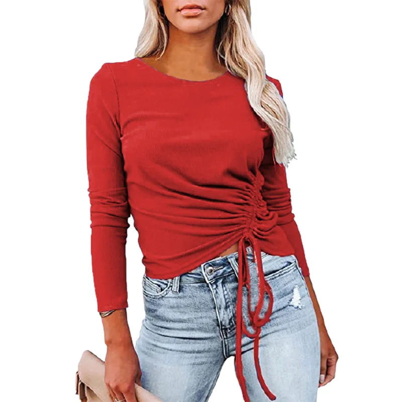 

Fashion Women Shirring Long Sleeve T-Shirt Basic Solid Color Clothing Office Lady Slim Round Neck Ribbed Top Tee Casual Tunic