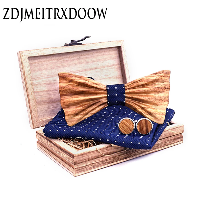 

T248 Wooden Bow Tie Hanky Cufflinks Zebra Set Men's Plaid Dots Bowtie Wood Design With Boxes Fashion Novelty tie