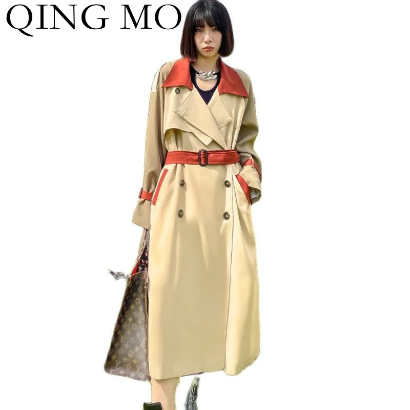 

Женская ветровка контрастных цветов QING MO, свободная длинная прямая куртка с воротником-костюмом и регулируемой талией, ZWL910, осень 2021