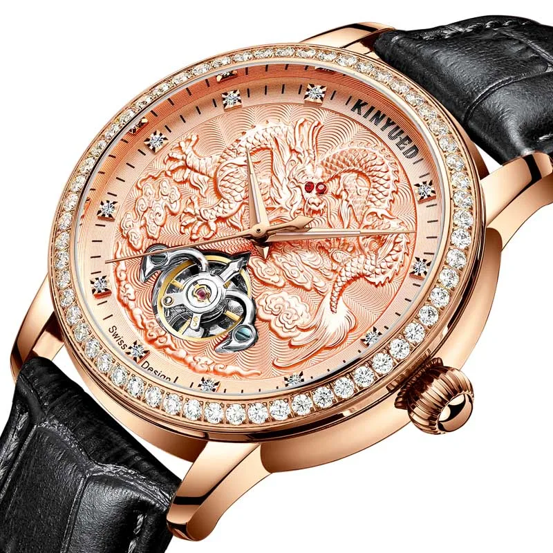 Black Rose gold KINYUED, новинка, золотой дракон, дизайн, механические часы, мужские, коричневые, кожа, светящиеся, водонепроницаемые, автоматические часы, алмаз, турбийон, часы - Цвет: Black Rose gold