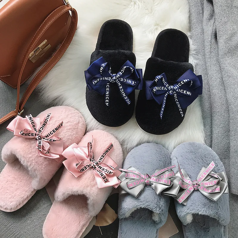 

Korean Version Of The Trend Of Outer Wear Bowknot Winter Warm Cotton Slippers Women's Non-slip Soles Wear-resistant And Firm