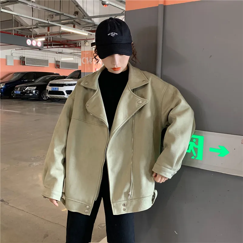 

Autumn Faux Soft Leather Pu Jacket Women Loose Punk Coat Female Turndown Collar Moto Biker Rivet Zipper Street Overcoat Y321