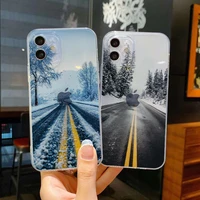 highway snow snowy road scenery transparent phone case for iphone 13 11 12 pro max x xs max xr 7 8 plus se 2020 soft clear cover
