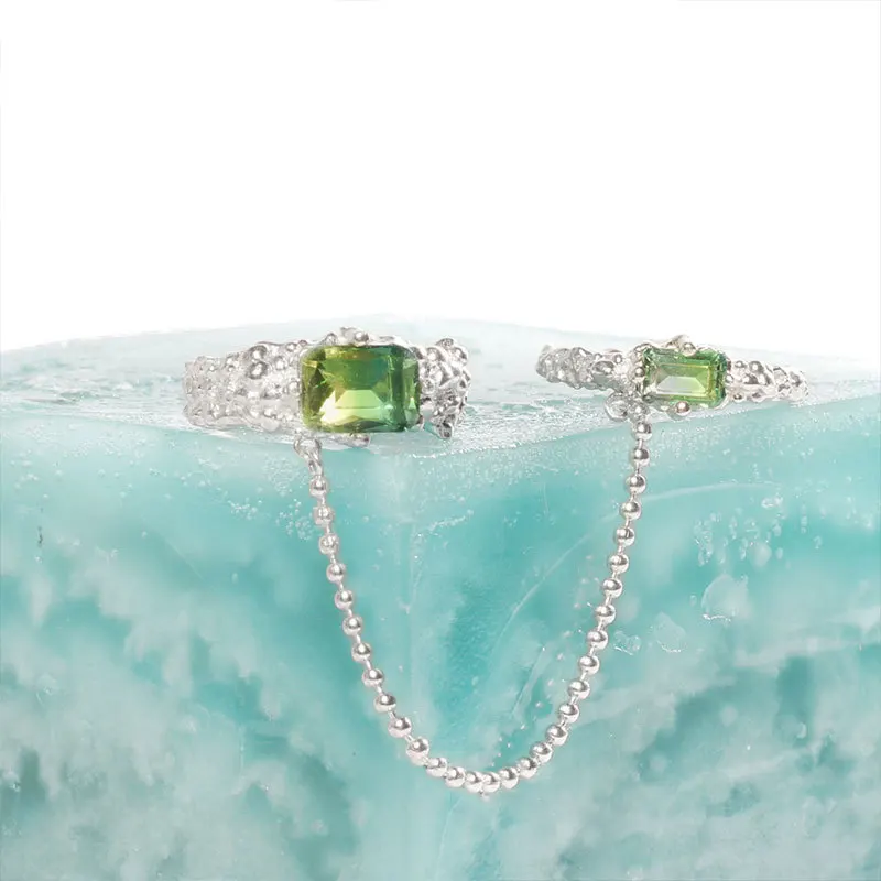

New Green Crystal Rhinestone Zircon Irregular Geometric Lava Texture Metal Bead Connect Open Adjustable Ring For Women Jewelry