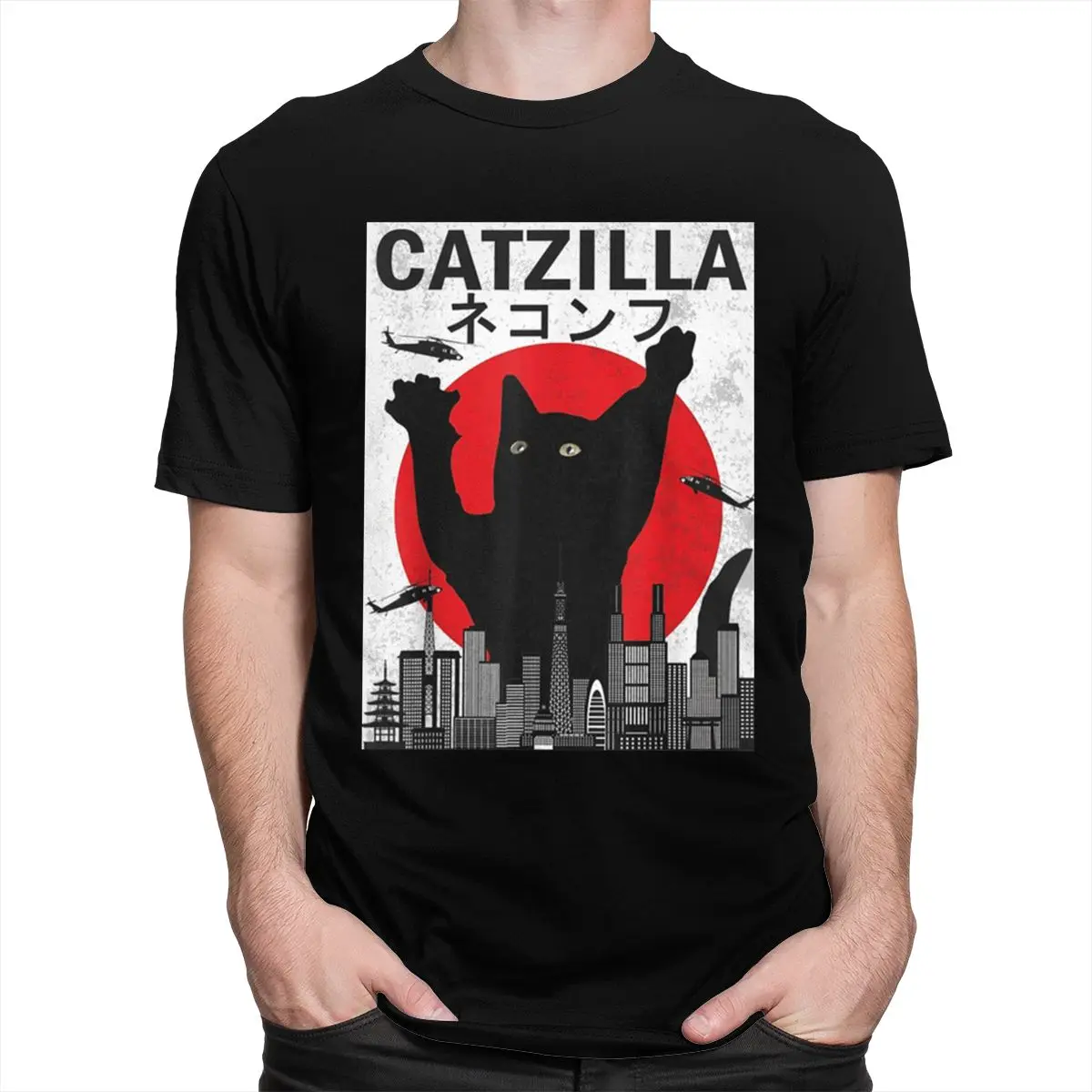 

Retro Catzilla Tshirt for Men Short Sleeve Japanese Style Cat Vintage Kitten Lover Gift Tee O-neck Cotton T Shirt Merchandise