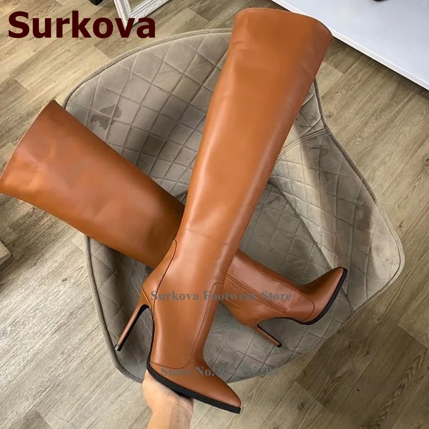 Surkova/уникальный дизайн Коричневые матовые сапоги выше колена Высокие до бедра на