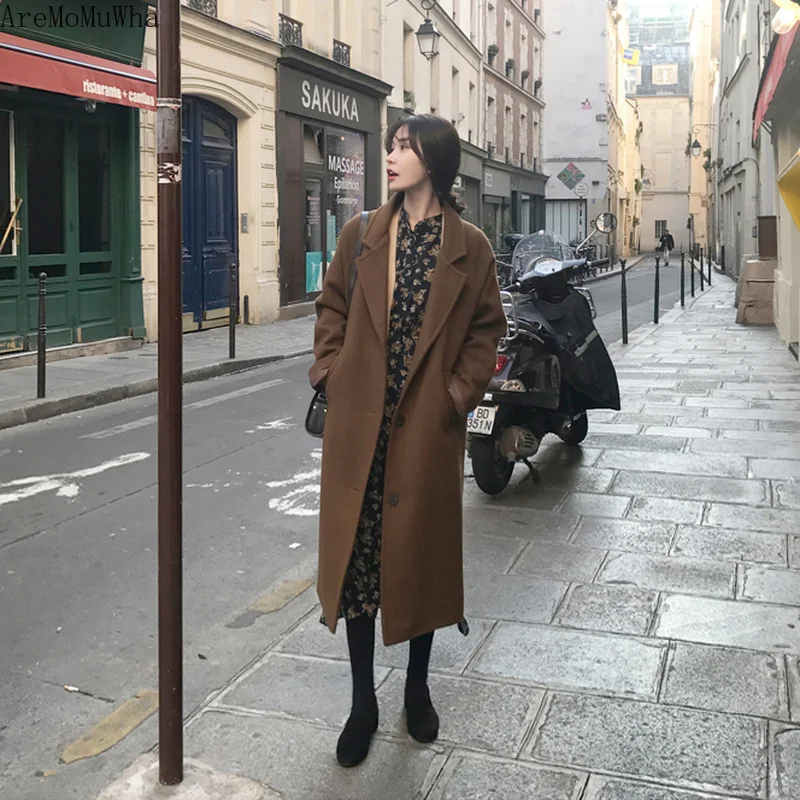 2021 New Long Section Korean Version of Woolen Coat Female Winter Solid Color Single-breasted Loose Woolen Windbreaker Wool M L