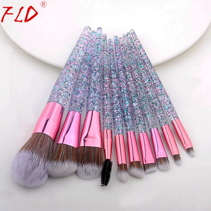 10pcs green FLD 10 шт. набор блестящих кистей для макияжа кристальная ручка кисть для пудры Тональная основа для бровей Тушь для лица Румяна подводка для глаз Инструменты Наборы - Handle Color: 10pcs green