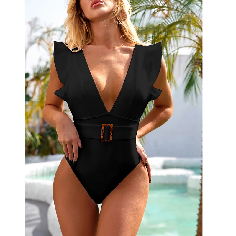 

Kayotuas Women Bikini Sets Summer Ladies Ruffles V-Neck Swimsuit Fashion Solid Sexy Backless Swimwear Vacation Travel Beachwear