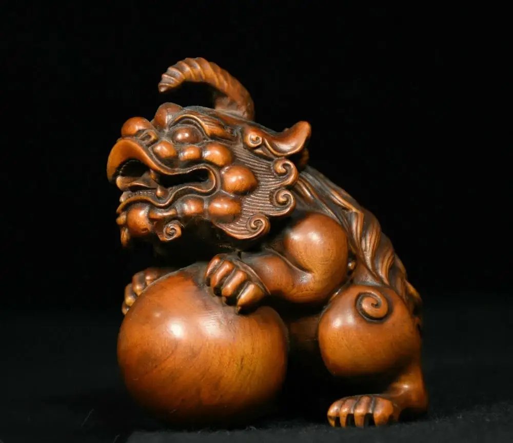 

Свадебное украшение, старая китайская народная статуя 3 дюйма из бокса, резьба по дереву, богатство, льв, единорог, чудовище