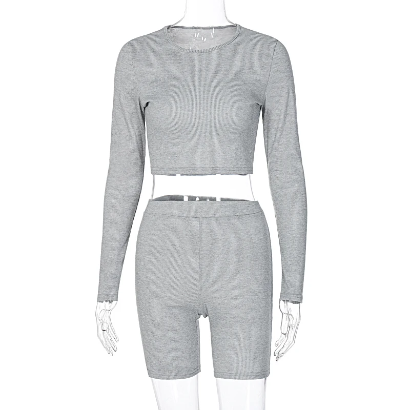 

hirigin Long Sleeve Bodycon Sexy Crop Top Biker Shorts 2 Pieces Set Autumn Winter Women Fashion Streetwear Pure Tracksuit