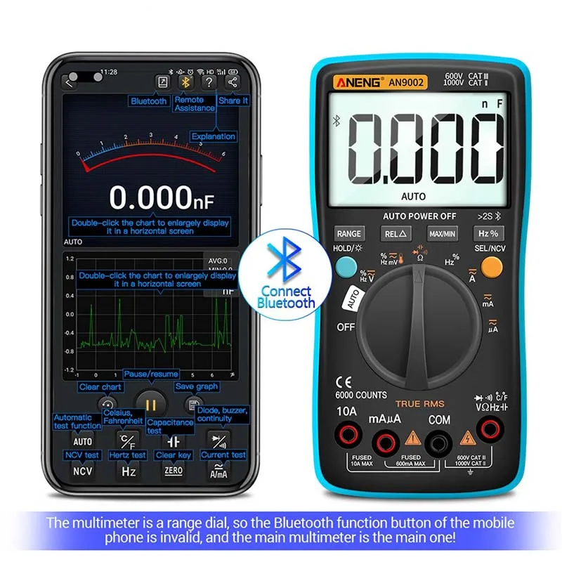 

ANENG AN9002 Bluetooth Digital Multimeter 6000 Counts Professional Multimetro True RMS AC/DC Current Voltage Tester Auto