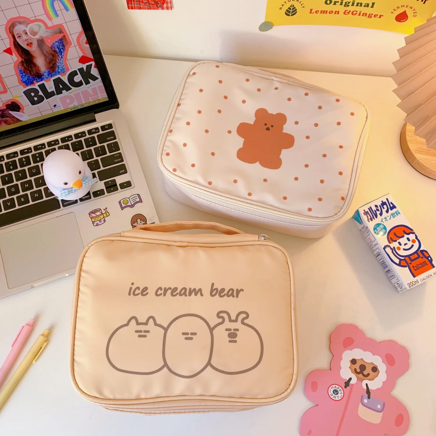 

Ins Japan and South Korea Cartoon Bear Print Canvas Bag Handbag Daily Necessities Storage Bag Large Capacity Cosmetic Bag