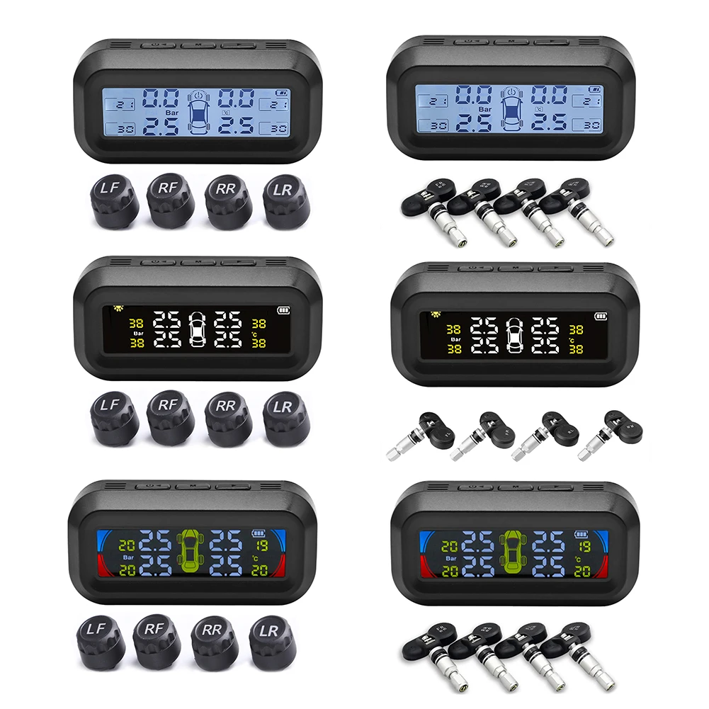 

TPMS Car Wheel Tire Pressure Sensors Alarm Monitoring System Solar LCD Digital Display Temperature Warning with 4 Sensors