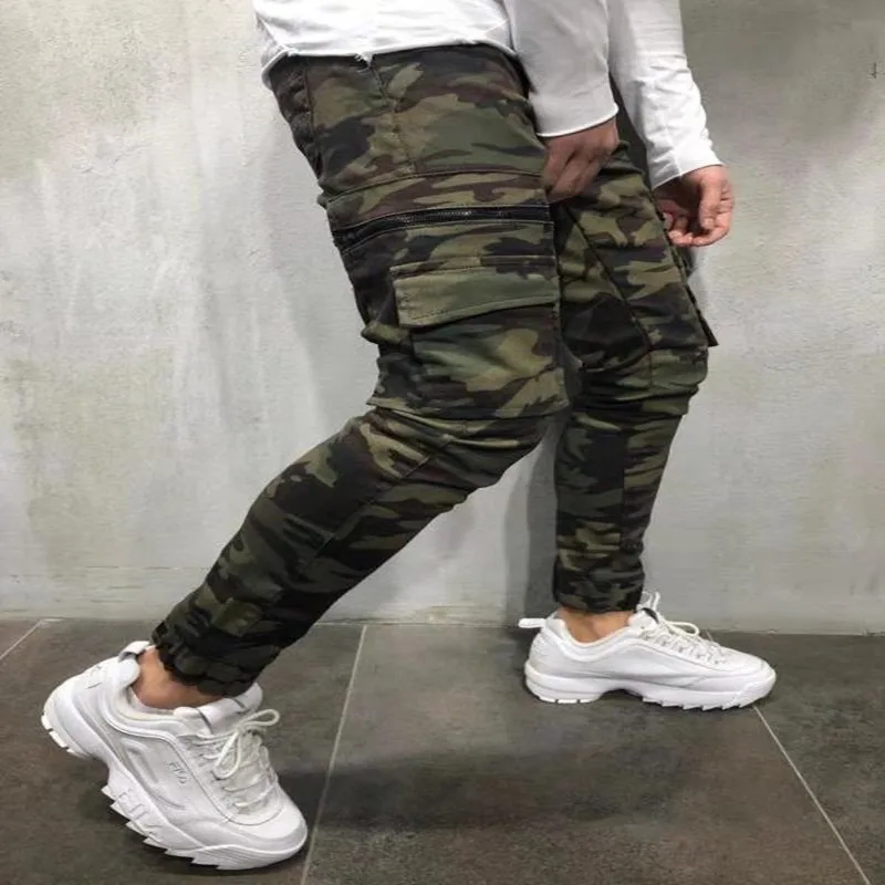 Spring Large Size Men's Camo Overalls Fashion Street Small Feet Slim Body Multi - Mouth Bag Waist Jeans Trousers