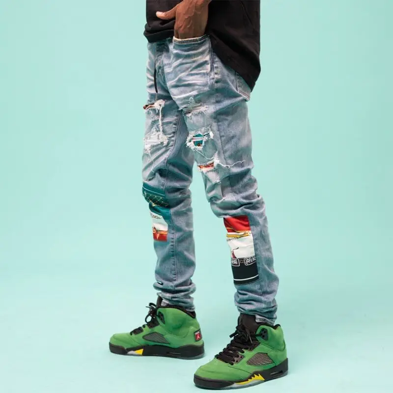 

2021 New Men's Retro personality Make High street Stretch Skinny Jeans Retro patch jeans