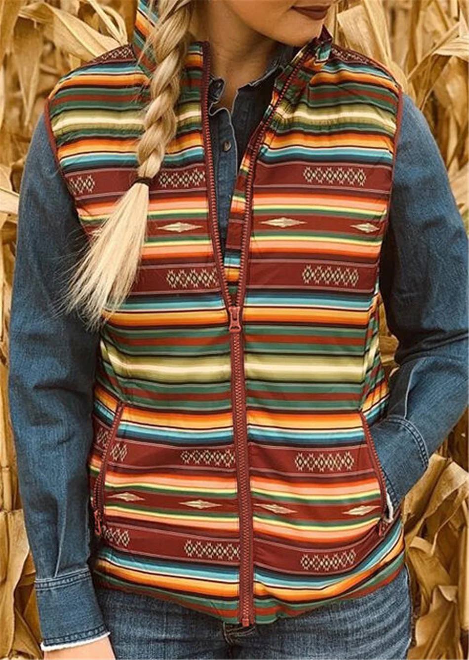 

Women Vest Casual Female Waistcoat Vest Zipper Vest Women Stripe Sleeveless Pocket Jacket Bohemian Coat Autumn Winter