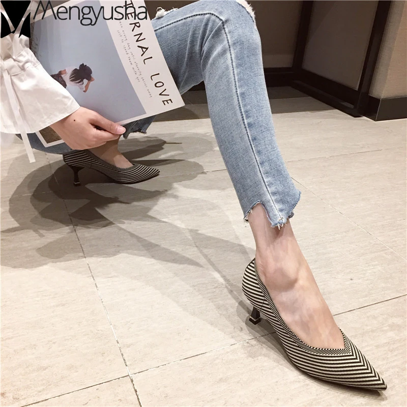 Geometric patterns stripe thin high heels pointed toe cloth knitting pumps korean qualities women shoes shallow female footwear | Обувь