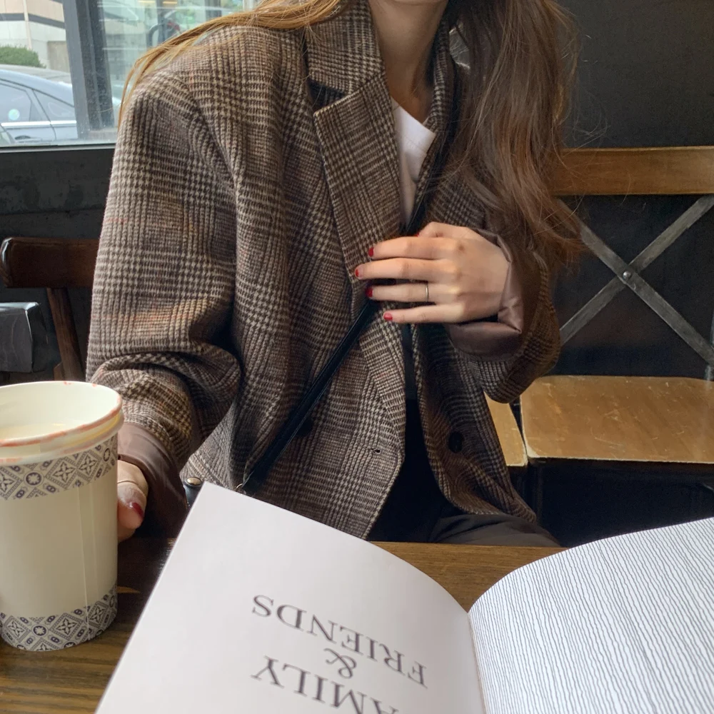 

Женский клетчатый Блейзер, Повседневный шерстяной стеганый блейзер в Корейском стиле, в британском стиле ретро, Осень-зима