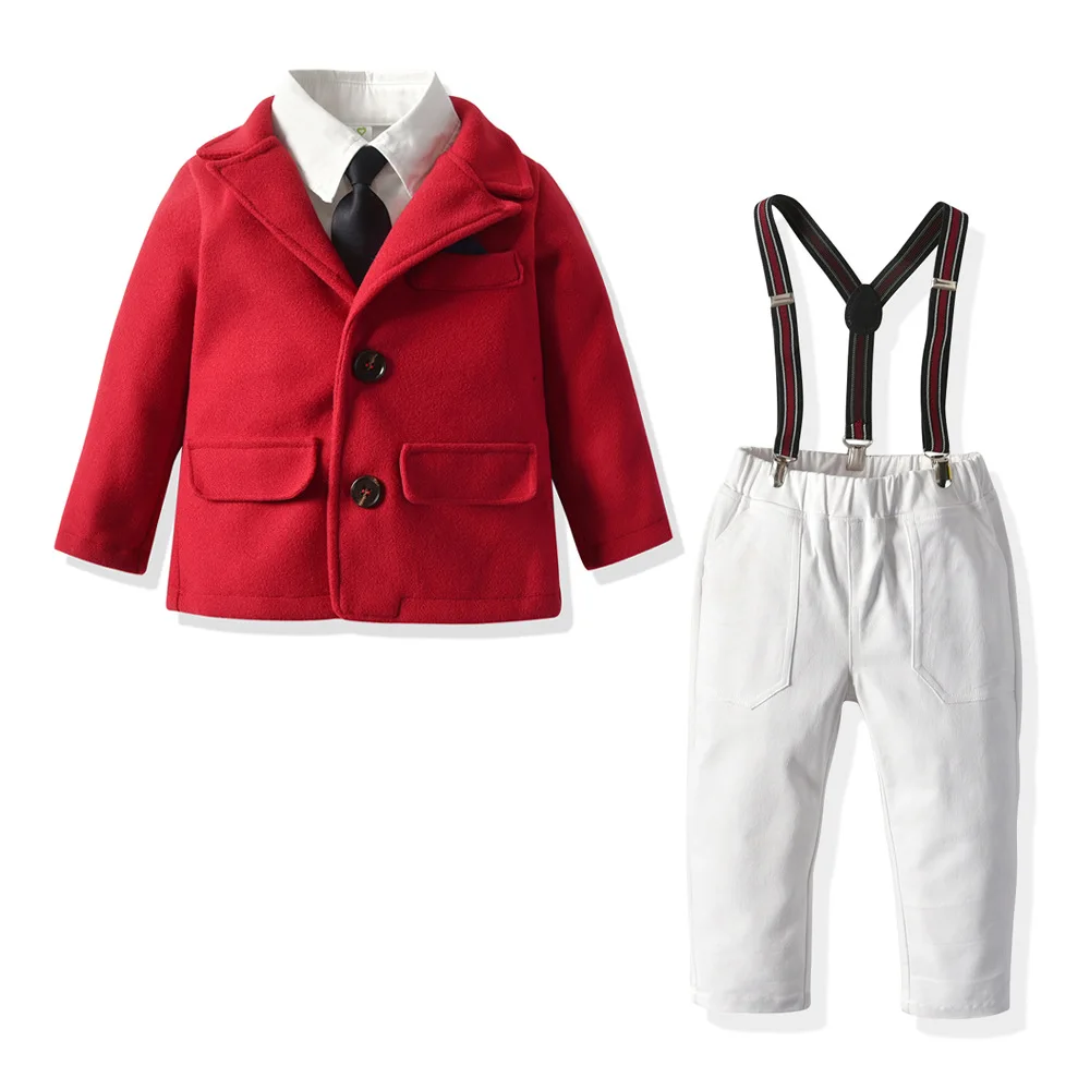 

Boys Spring Autumn Gentleman Clothing Set Coat+Long Sleeve Bowtie Shirt +Suspender Trousers 3-piece Set Kids Formal Suit