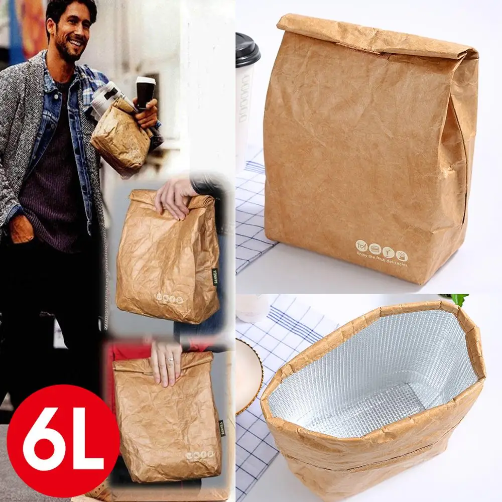 6L Reusable Brown Paper Lunch Bag Insulated Thermal Kraft Bags Box Cooler Picnic Container