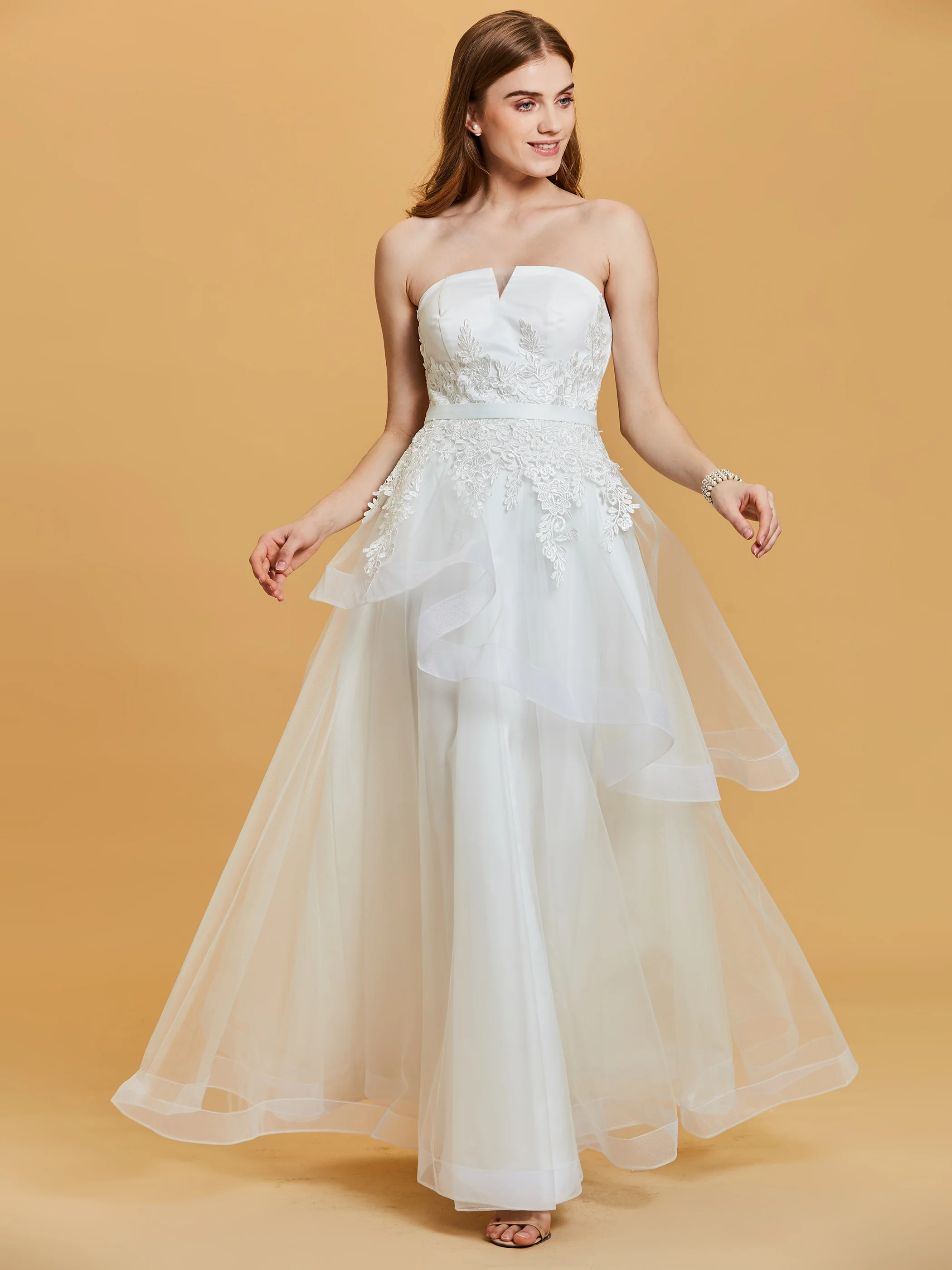 

White Strapless Evening Dress Lace Appliques Tiered Wedding Party Formal Dresses Sexy A Line Zipper Up Vestidos Largos For Women