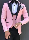 Костюм мужской облегающий из 3 предметов, Блейзер, брюки, жилет, пиджак, смокинг с лацканами для официальных свадеб, повседневный костюм для деловых встреч и вечеринок, розовый цвет