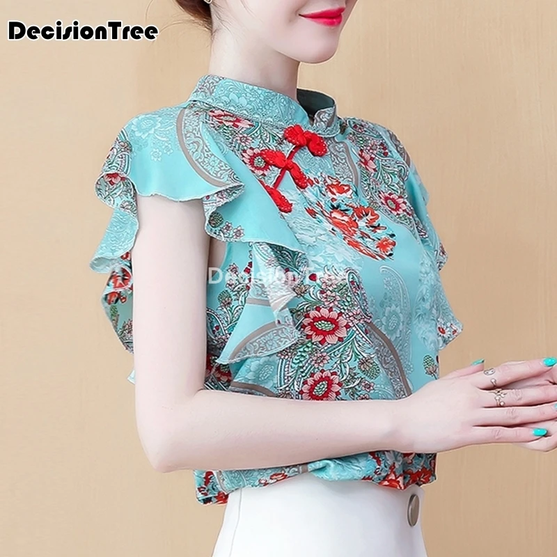 2023 винтажная шелковая блузка в китайском стиле с цветочным принтом cheongsam топы для