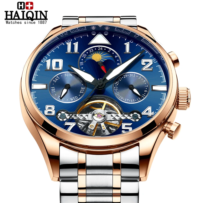HAIQIN фаза Луны/дисплей недели/Tourbillon механические часы мужские повседневные