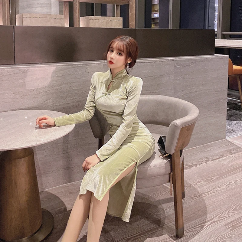 Женское вельветовое платье в китайском стиле Sungtin традиционное длинное Ципао с