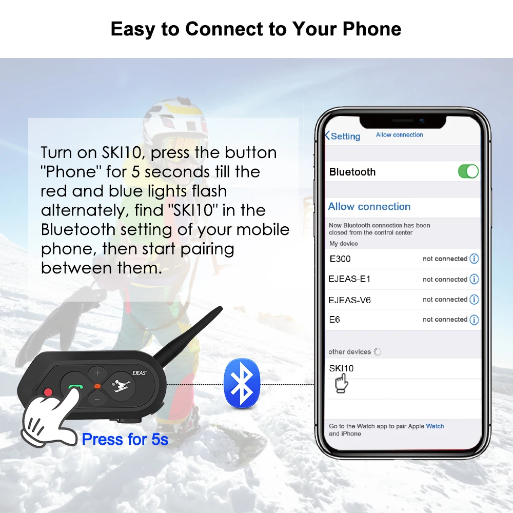 SKI intercom For 2 Skier 1200m Wireless Intercomunicador Moto Waterproof Realtime Talking BT Interphone 500mAh Audio Intercom