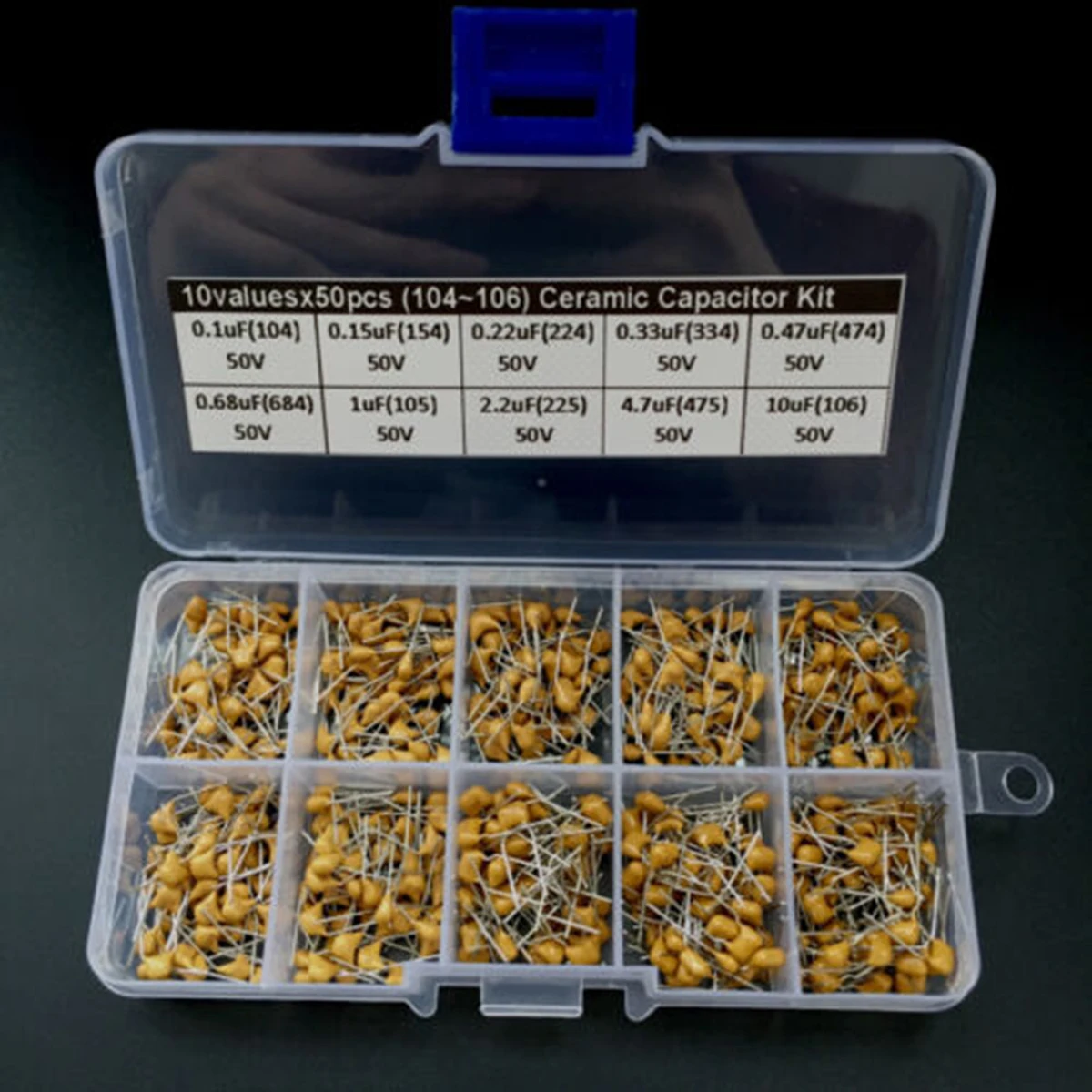 

500pcs Multilayer Ceramic Capacitor Assorted Kit With Plastic Box 0.1uF~10uF Capacitors Set Monolithic Capacitor Tool