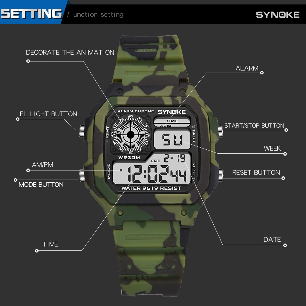 PANARS, Детские камуфляжные военные часы для мальчиков, светодиодные спортивные детские часы, водонепроницаемые, яркие, светящиеся часы с циферблатом, 50 м