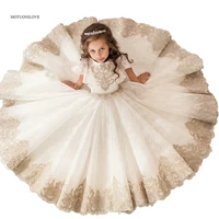 horn sleeve champagne and white lace first communion dresses for girl kids flower girls dress party easter dress for weddings