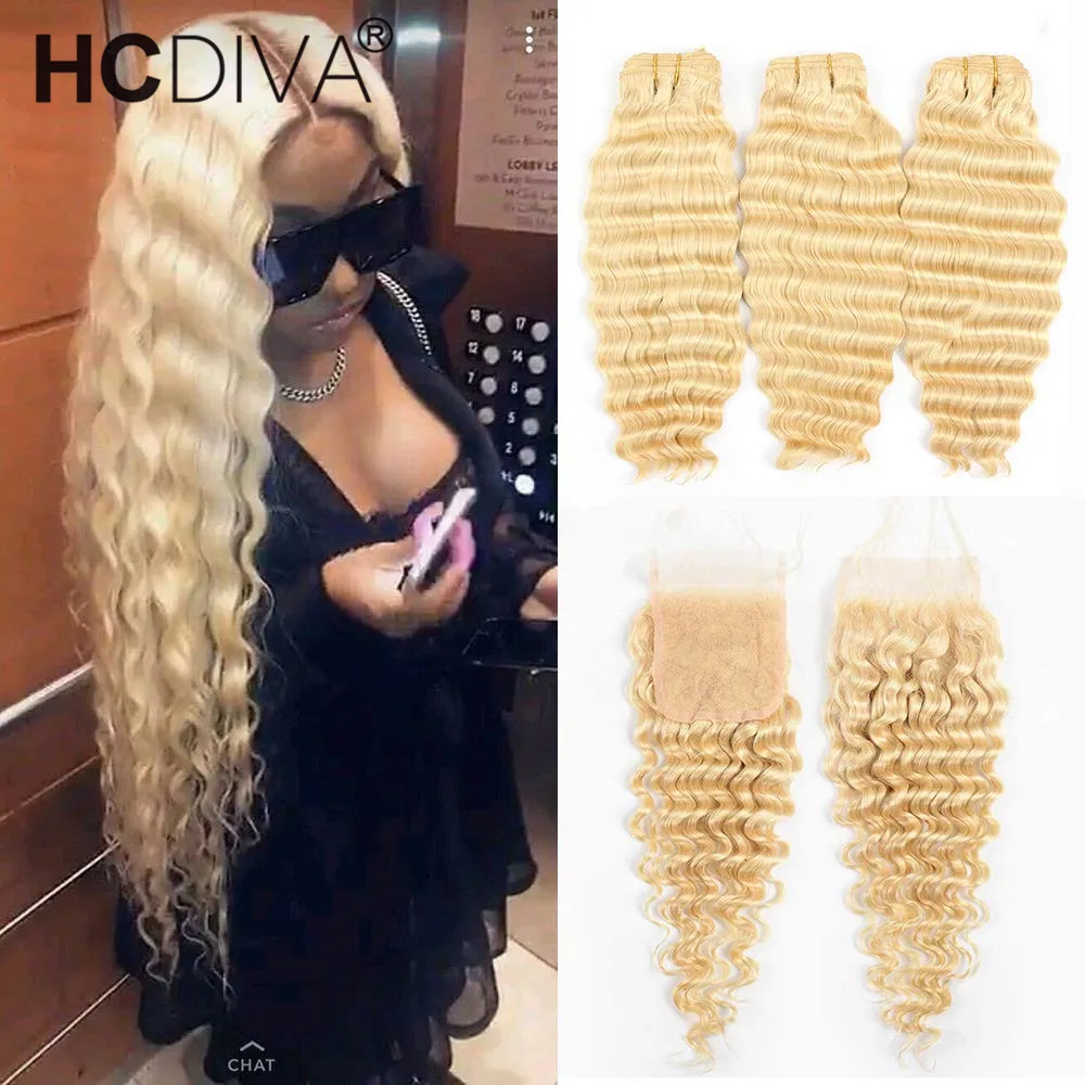 

613 Bundles With Closure Brazilian Deep Wave 3 Bundles With Closure Remy Human Hair Blonde Bundles With Closure 4X4 Lace Closure
